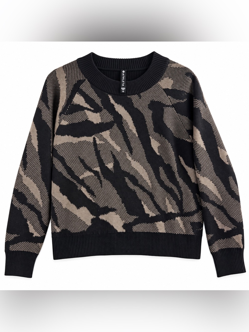 Athleta Jacquard Crew Sweater XS Merino Wool Abstract Animal Print Black Taupe